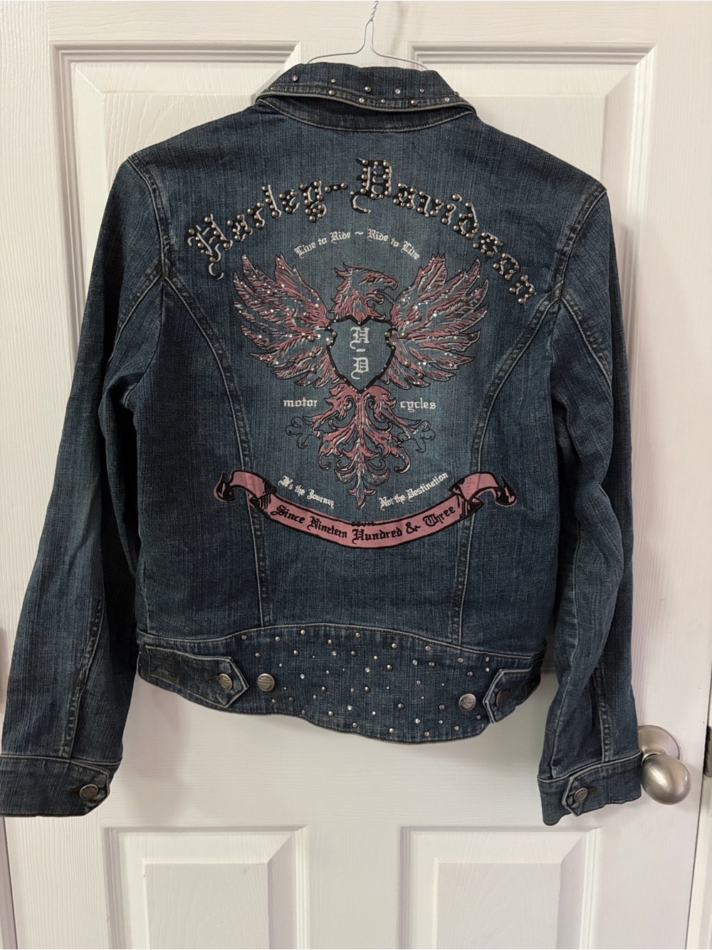 Vintage Harley-Davidson Denim Jacket with Rhinestones and Studs - Authentic